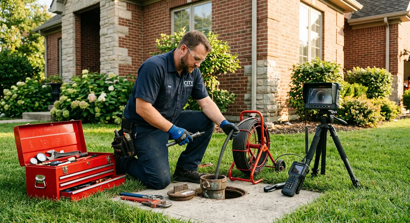 Sewer specialist with camera equipment servicing a cleanout in Whitman