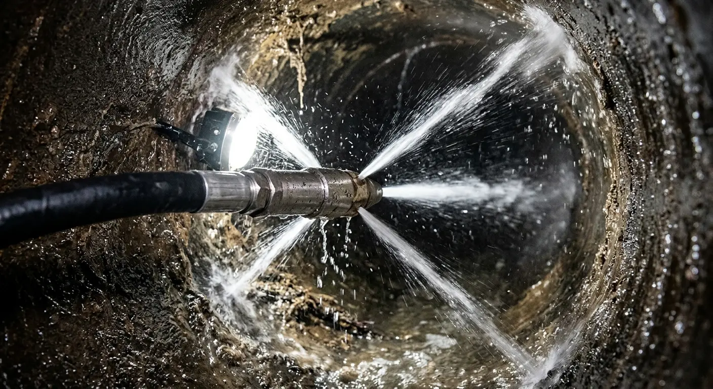 High-pressure hydro jetting nozzle cleaning sewer pipe for Trenchless Sewer Repair in Whitman