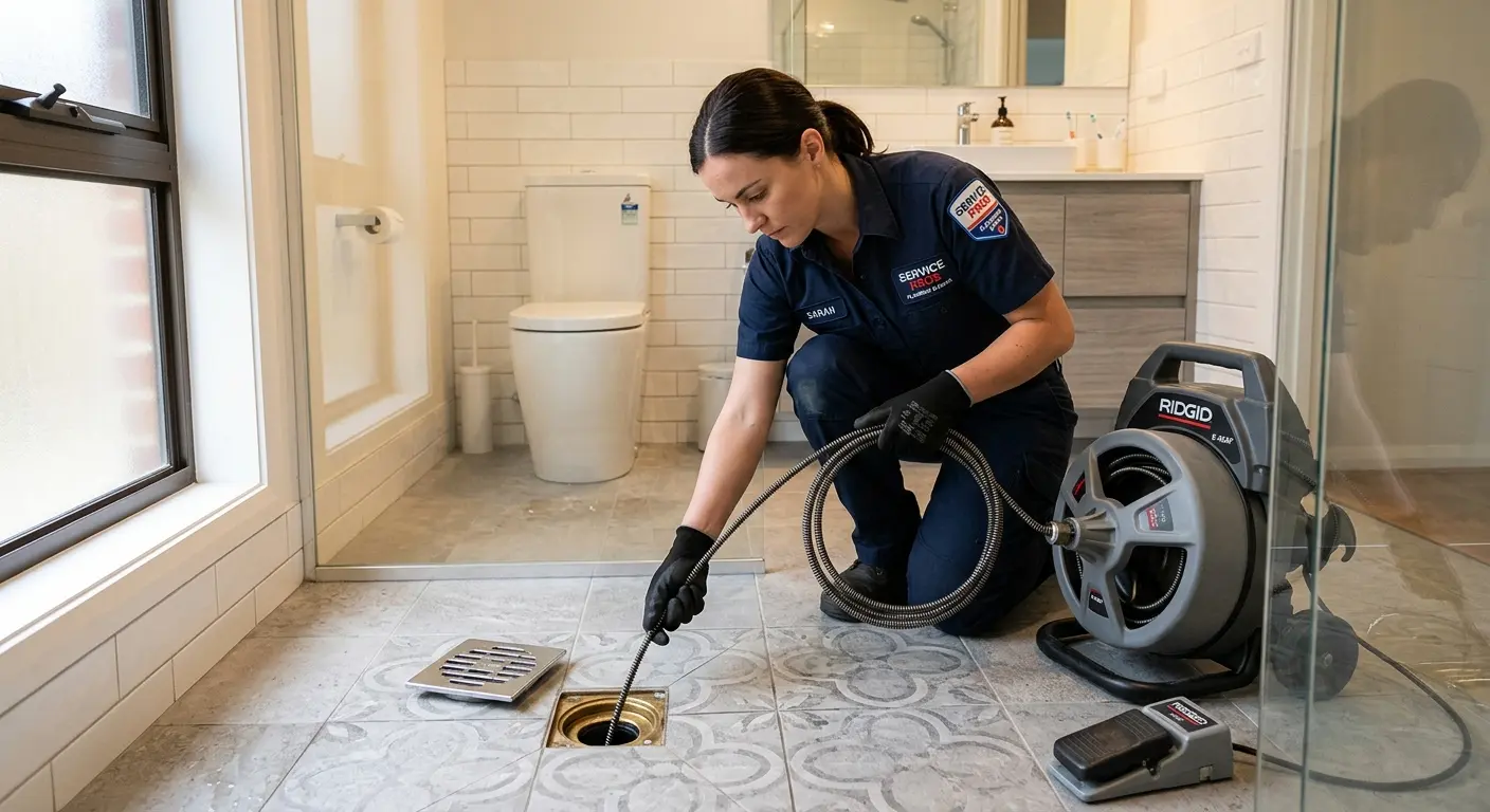 Technician clearing a bathroom floor drain for Drain Cleaning in Whitman